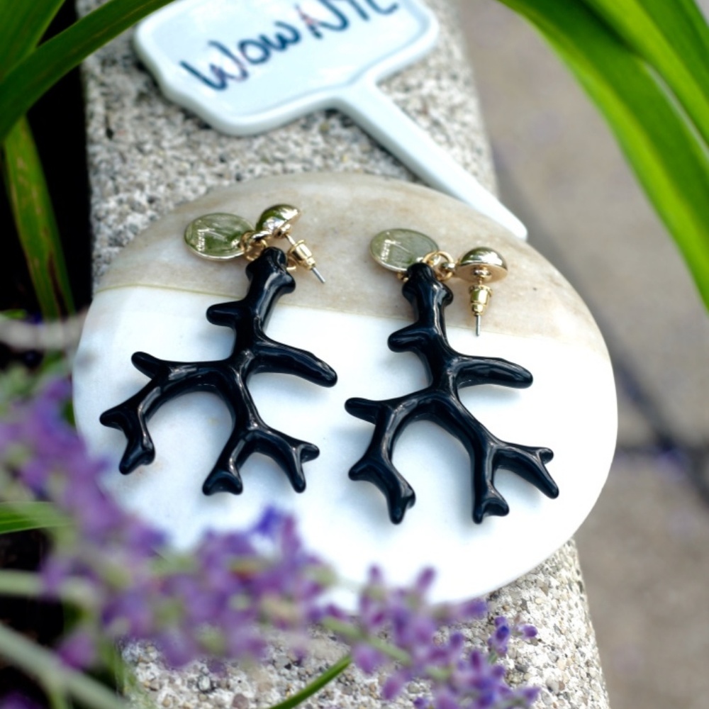 New black coral seaweeds long dangling earrings